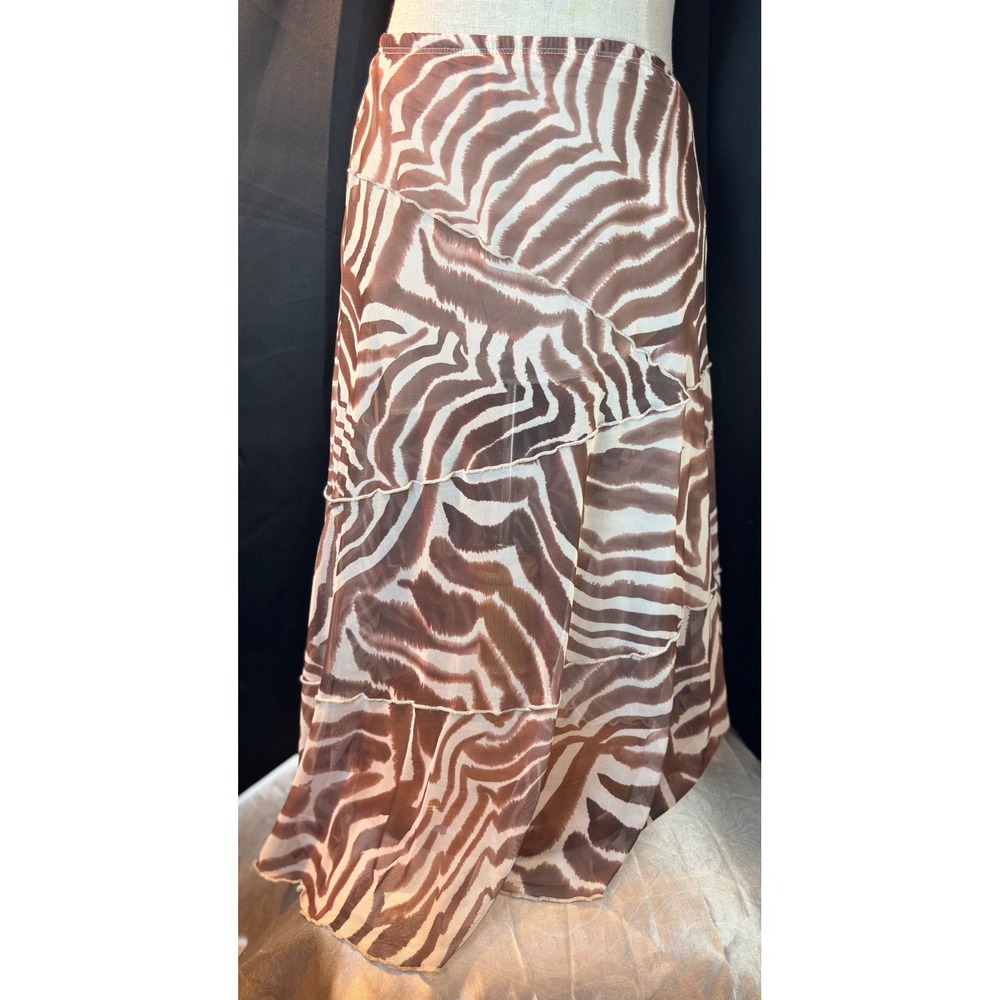 See You Monday Zebra Print Mesh Maxi Skirt Brown White Tiered Ruffle Y2K Medium